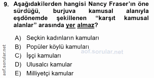 9. soru: Aşağıdakilerden hangisi Nancy Fraser'ın öne sürdüğü, burjuva kamusal alanıyla eşdönemde şekillenen "karşıt kamusal al…