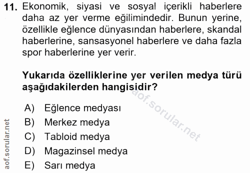 11. soru: Ekonomik, siyasi ve sosyal içerikli haberlere daha az yer verme eğilimindedir. Bunun yerine, özellikle eğlence dünyas…