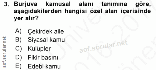 3. soru: Burjuva kamusal alanı tanımına göre, aşağıdakilerden hangisi özel alan içerisinde yer alır? A) Çekirdek aile B) Siyas…