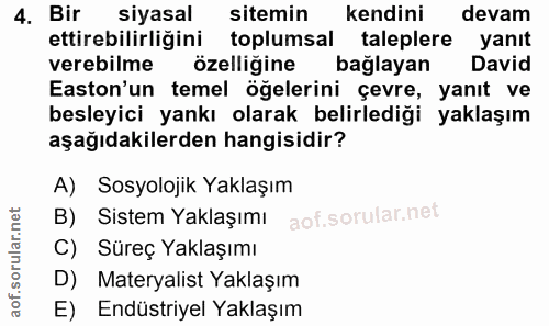 4. soru: Bir siyasal sitemin kendini devam ettirebilirliğini toplumsal taleplere yanıt verebilme özelliğine bağlayan David Est…