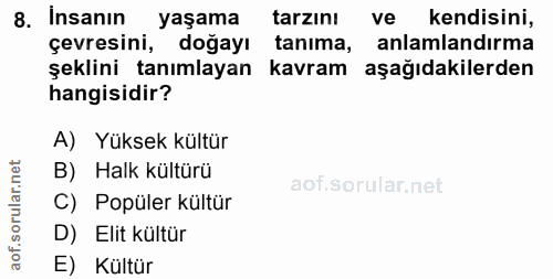 8. soru: Insanın yaşama tarzını ve kendisini, çevresini, doğayı tanima, anlamlandırma şeklini tanımlayan kavram aşağıdakilerde…