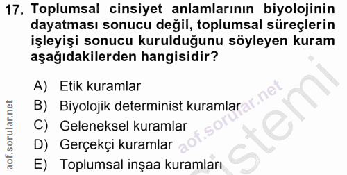 17. soru: Toplumsal cinsiyet anlamlarının biyolojinin dayatması sonucu değil, toplumsal süreçlerin işleyişi sonucu kurulduğunu…