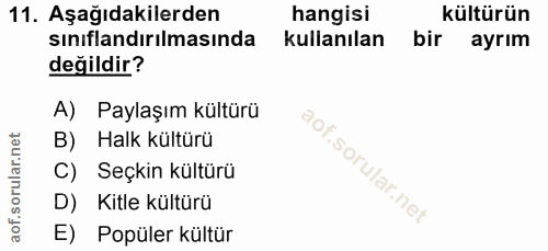 11. soru: Aşağıdakilerden hangisi kültürün sınıflandırılmasında kullanılan bir ayrım değildir? A) Paylaşım kültürü B) Halk kült…