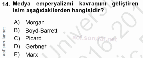 14. soru: Medya emperyalizmi kavramını geliştiren isim aşağıdakilerden hangisidir? A) Morgan Boyd-Barrett Picard .sorwa nel D)…