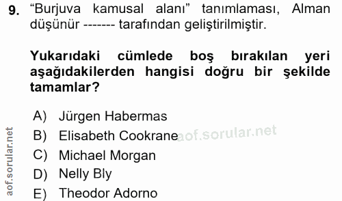 9. soru: "Burjuva kamusal alanı" tanımlaması, Alman düşünür ---- tarafından geliştirilmiştir. Yukarıdaki cümlede boş bırakılan…