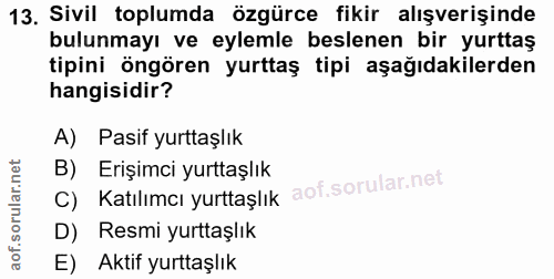 13. soru: Sivil toplumda özgürce fikir alışverişinde bulunmayı ve eylemle beslenen bir yurttaş tipini öngören yurttaş tipi aşağ…