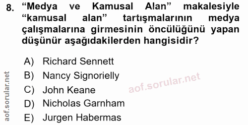 8. soru: "Medya ve Kamusal Alan" makalesiyle "kamusal alan" tartışmalarının medya çalışmalarına girmesinin öncülüğünü yapan dü…