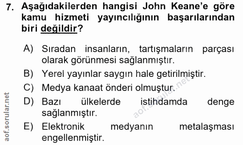 7. soru: Aşağıdakilerden hangisi John Keane'e göre kamu hizmeti yayıncılığının başarılarından biri değildir? A) Sıradan insanl…