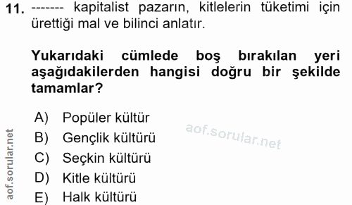 11. soru: --- kapitalist pazarın, kitlelerin tüketimi için ürettiği mal ve bilinci anlatır. Yukarıdaki cümlede boş bırakılan ye…