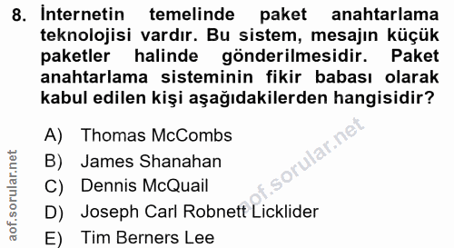 8. soru: Internetin temelinde paket anahtarlama teknolojisi vardır. Bu sistem, mesajın küçük paketler halinde gönderilmesidir.…