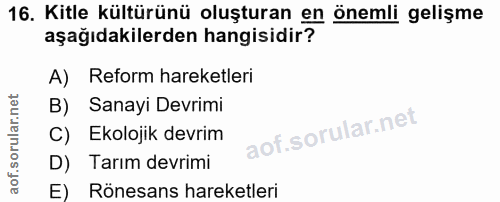 16. soru: Kitle kulturunü oluşturan en onemli gelişme aşağıdakilerden hangisidir? A) Reform hareketleri B) Sanayi Devrimi C) Ek…