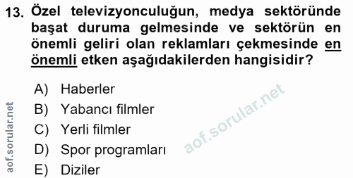 13. soru: Özel televizyonculuğun, medya sektöründe başat duruma gelmesinde ve sektörün en önemli geliri olan reklamları çekmesi…