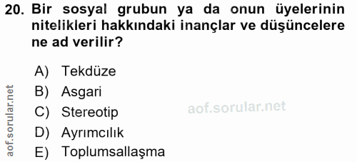 20. soru: Bir sosyal grubun ya da onun üyelerinin nitelikleri hakkındaki inançlar ve düşüncelere ne ad verilir? A) Tekdüze B) A…