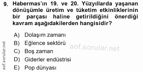 9. soru: Habermas'ın 19. ve 20. Yüzyıllarda yaşanan dönüşümle üretim ve tüketim etkinliklerinin bir parçası haline getirildiği…