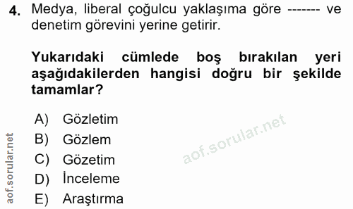 4. soru: Medya, liberal çoğulcu yaklaşıma göre -.- ve denetim görevini yerine getirir. Yukarıdaki cümlede boş bırakılan yeri a…