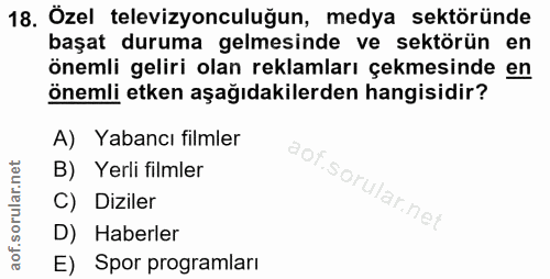 18. soru: Özel televizyonculuğun, medya sektöründe başat duruma gelmesinde ve sektörün en önemli geliri olan reklamları çekmesi…