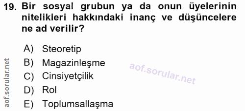 19. soru: Bir sosyal grubun ya da onun üyelerinin nitelikleri hakkındaki inanç ve düşüncelere ne ad verilir? A) Steoretip B) Ma…