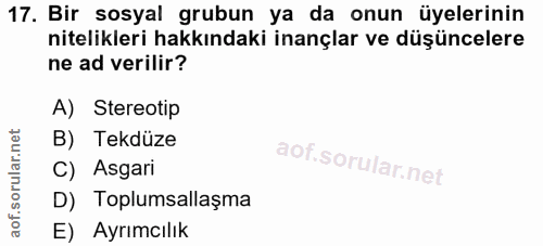17. soru: Bir sosyal grubun ya da onun üyelerinin nitelikleri hakkındaki inançlar ve düşüncelere ne ad verilir? A) Stereotip B)…