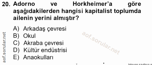 20. soru: Adorno ve Horkheimer'a göre aşağıdakilerden hangisi kapitalist toplumda ailenin yerini almıştır? A) Arkadaş çevresi B…