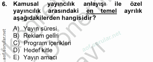 6. soru: Kamusal yayıncılık anlayışı ile özel yayıncılık arasındaki en temel ayrılık aşağıdakilerden hangisidir? A) Yayın süre…