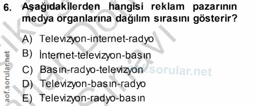 6. soru: Aşağıdakilerden hangisi reklam pazarının medya organlarına dağılım sırasını gösterir? A) Televizyon-internet-radyo B)…