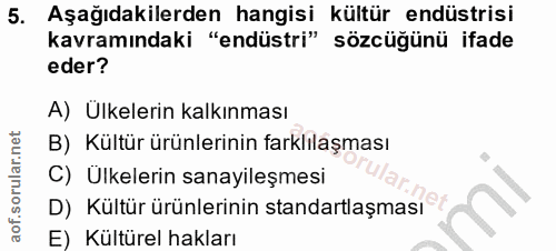5. soru: Aşağıdakilerden hangisi kültür endüstrisi kavramındaki "endüstri" sözcüğünü ifade eder? A) Ülkelerin kalkınması B) Kü…