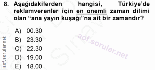 8. soru: Aşağıdakilerden hangisi, Türkiye'de reklamverenler için en önemli zaman dilimi olan "ana yayın kuşağı"na ait bir zama…