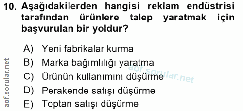 10. soru: Aşağıdakilerden hangisi reklam endüstrisi tarafından ürünlere talep yaratmak için başvurulan bir yoldur? A) Yeni fabr…