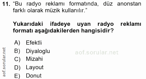 11. soru: "Bu radyo reklamı formatında, düz anonstan farklı olarak müzik kullanılır." Yukarıdaki ifadeye uyan radyo reklamı for…