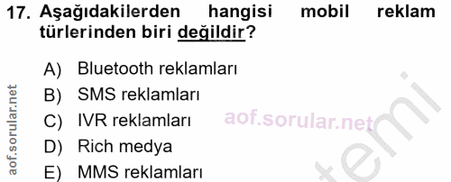 17. soru: Aşağıdakilerden hangisi mobil reklam türlerinden biri değildir? A) Bluetooth reklamları B) SMS reklamları C) IVR rekl…