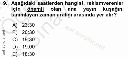 9. soru: Aşağıdaki saatlerden hangisi, reklamverenler için önemli olan ana yayın kuşağını tanımlayan zaman aralığı arasında ye…