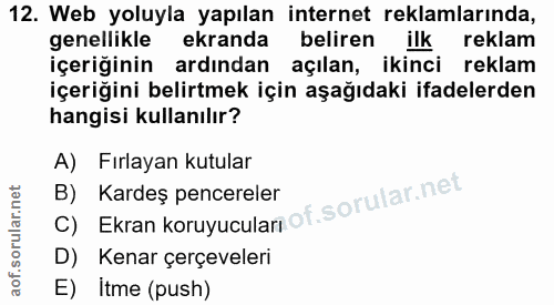 12. soru: Web yoluyla yapılan internet reklamlarında, genellikle ekranda beliren ilk reklam içeriğinin ardından açılan, ikinci…