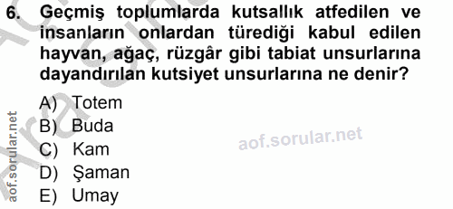 6. soru: Geçmiş toplumlarda kutsallık atfedilen ve insanların onlardan türediği kabul edilen hayvan, ağaç, rüzgâr gibi tabiat…