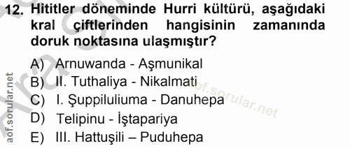 12. soru: Hititler döneminde Hurri kültürü, aşağıdaki kral çiftlerinden hangisinin zamanında doruk noktasına ulaşmıştır? A) Arn…