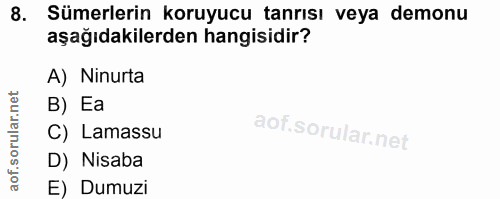 8. soru: Sümerlerin koruyucu tanrısı veya demonu aşağıdakilerden hangisidir? A) Ninurta B) Ea C) Lamassu D) Nisaba E) Dumuzi