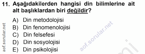 11. soru: Aşağıdakilerden hangisi din bilimlerine ait alt başlıklardan biri değildir? A) Din metodolojisi B) Din fenomenolojisi…