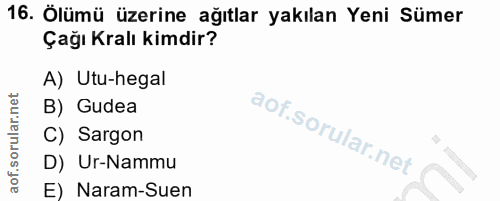 16. soru: Ölümü üzerine ağıtlar yakılan Yeni Sümer Çağı Kralı kimdir? A) Utu-hegal B) Gudea C) Sargon D) Ur-Nammu E) Naram-Suen