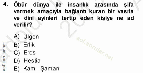 4. soru: Öbür dünya ile insanlık arasinda şifa vermek amacıyla bağlantı kuran bir vasıta ve dini ayinleri tertip eden kişiye n…