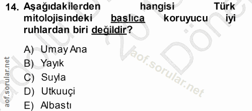 14. soru: Aşağıdakilerden hangisi Türk mitolojisindeki başlıca koruyucu iyi ruhlardan biri değildir? A) Umay Ana B) Yayık C) Su…