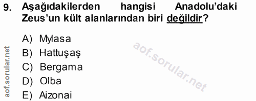 9. soru: Aşağıdakilerden hangisi Anadolu'daki Zeus'un kült alanlarından biri değildir? A) Mylasa B) Hattuşaş C) Bergama D) Olb…