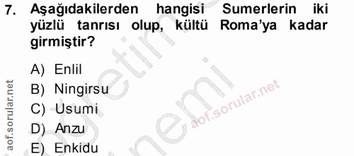 7. soru: Aşağıdakilerden hangisi Sumerlerin iki yüzlü tanrısı olup, kültü Roma'ya kadar girmiştir? A) Enlil B) Ningirsu C) Usu…