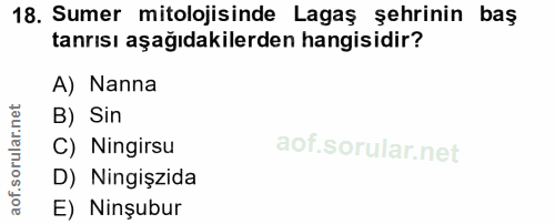 18. soru: Sumer mitolojisinde Lagaş şehrinin baş tanrısı aşağıdakilerden hangisidir? A) Nanna B) Sin C) Ningirsu D) Ningişzida…