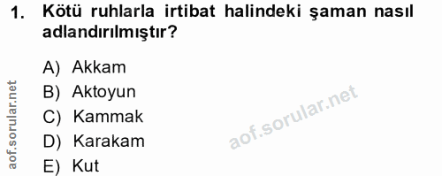1. soru: Kötü ruhlarla irtibat halindeki şaman nasıl adlandırılmıştır? A) Akkam B) Aktoyun C) Kammak D) Karakam E) Kut