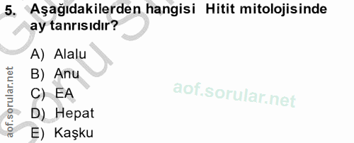 5. soru: Aşağıdakilerden hangisi Hitit mitolojisinde ay tanrısıdır? A) Alalu B) Anu C) EA D) Hepat E) Kaşku