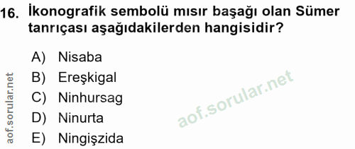 16. soru: İkonografik sembolü mısır başağı olan Sümer tanrıçası aşağıdakilerden hangisidir? A) Nisaba B) Ereşkigal C) Ninhursag…