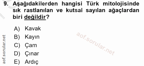 9. soru: Aşağıdakilerden hangisi Türk mitolojisinde sık rastlanılan ve kutsal sayılan ağaçlardan biri değildir? A) Kavak B) Ka…