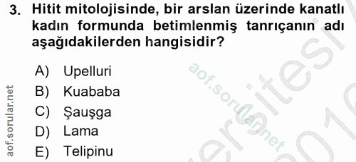 3. soru: Hitit mitolojisinde, bir arslan üzerinde kanatlı kadın formunda betimlenmiş tanrıçanın adı aşağıdakilerden hangisidir…