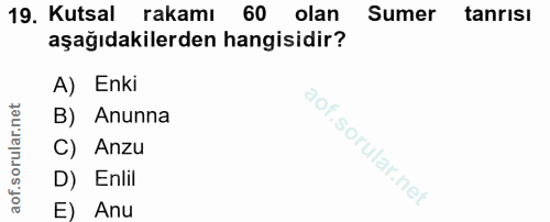 19. soru: Kutsal rakamı 60 olan Sumer tanrisı aşağıdakilerden hangisidir? A) Enki B) Anunna C) Anzu D) Enlil E Anu