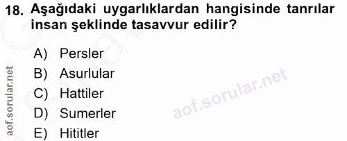 18. soru: Aşağıdaki uygarlıklardan hangisinde tanrılar insan şeklinde tasavvur edilir? A) Persler B) Asurlular C) Hattiler D) S…