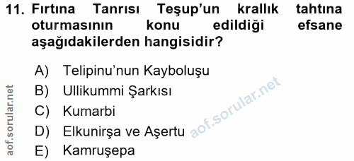 11. soru: Fırtina Tanrısı Teşup'un krallık tahtina oturmasının konu edildiği efsane aşağıdakilerden hangisidir? A) Telipinu'nun…